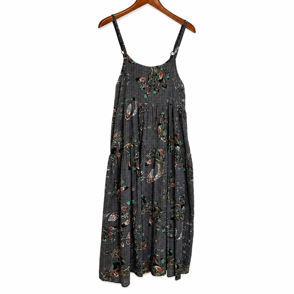 YESNO Women Gray Feather Print Tiered Midi Dress Boho Gauze Adjustable Strap S